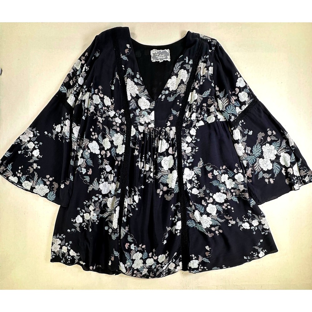 Love Johnny Was Black Floral V-Neck Bell Sleeve Mini Dress XL Boho Over-Size - Picture 6 of 14